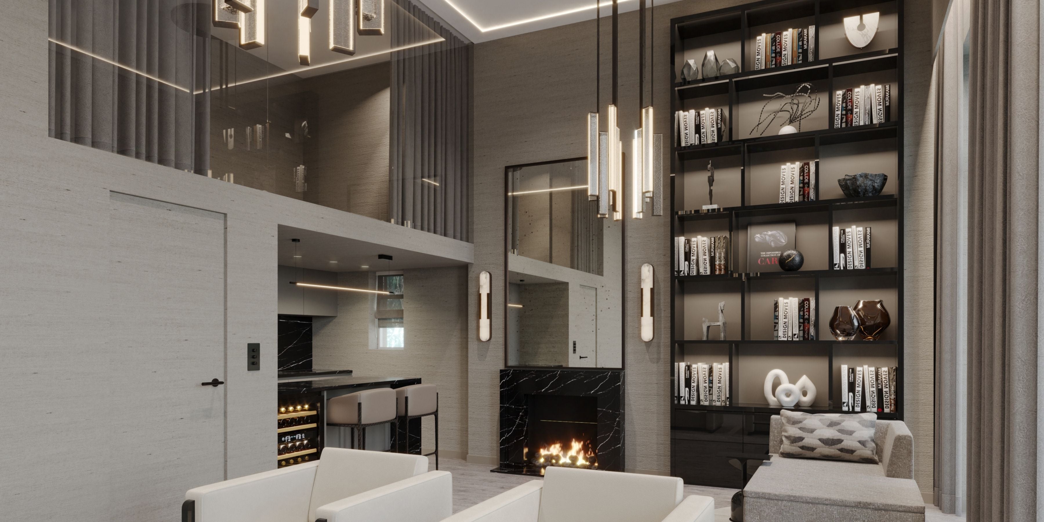 Modern living room with bookshelves, fireplace, and white sofa, Hyde Park Gardens, luxury interior design, interior designer, London interior designer, luxury interiors